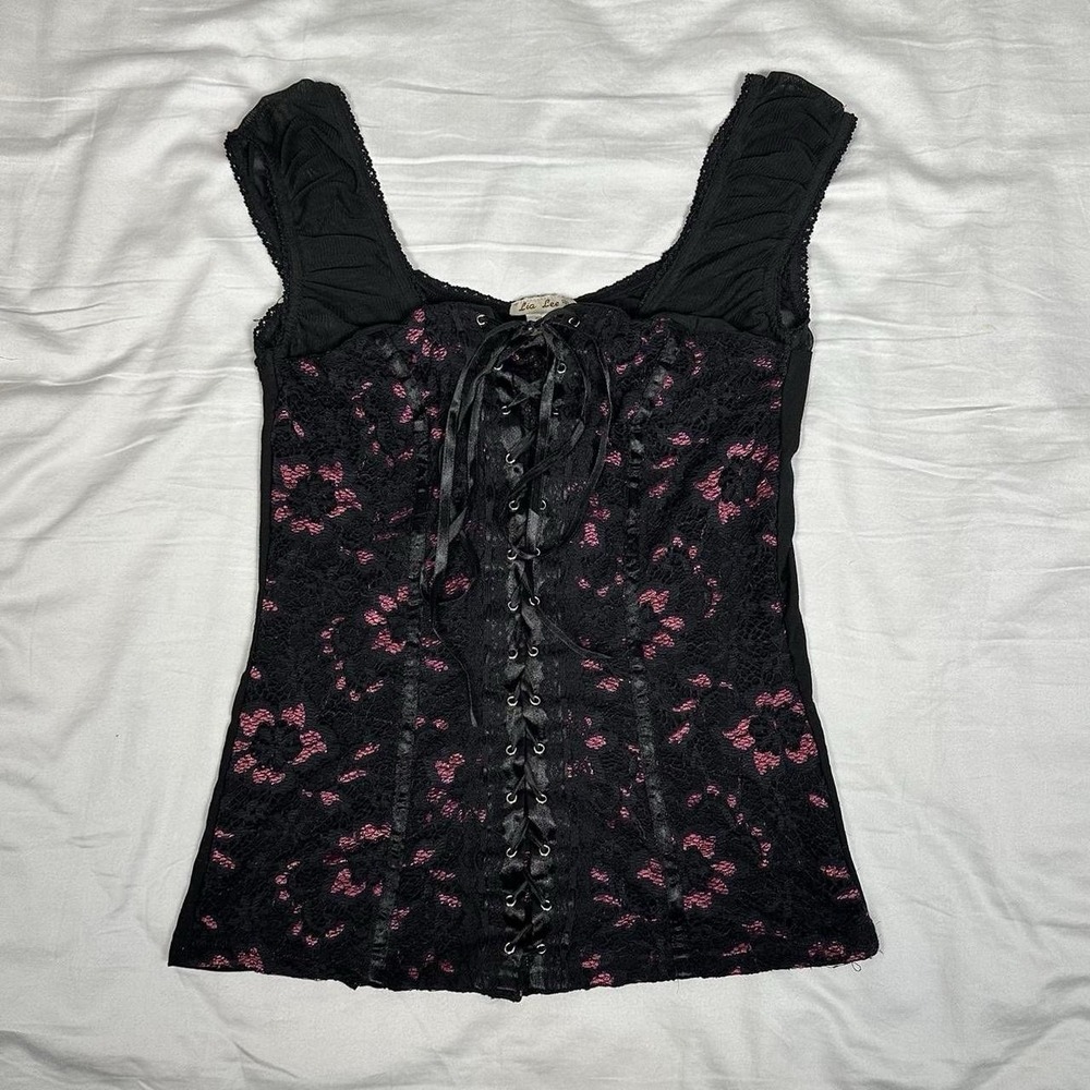Vintage y2k Lia Lee black/pink lace up mesh corset top